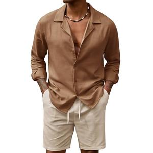 URRU Mens Summer 2 Piece Set Casual Beach Outfits Long Sleeve Shirts and Shorts Vacation Linen Sets for Men Brown/Khaki S