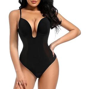 Decorus Women's Low Back Shapewear Tummy Control Deep V Neck Backless Body Shaper Plunge Thong Bridal Bodysuit Built in Bra, XXL, Black
