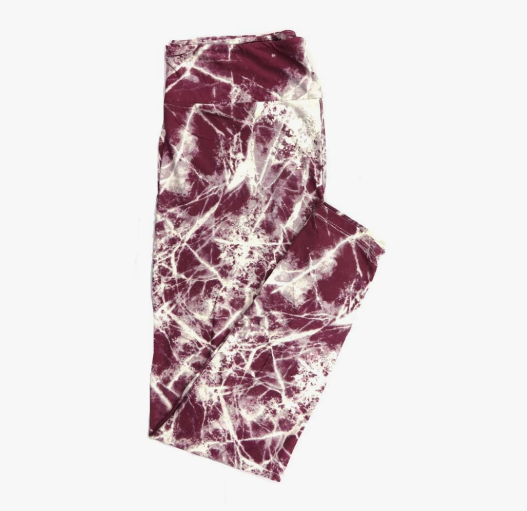 Lularoe Tall Curvy (TC fits Sizes 12-18) Batik Dye Maroon White Buttery Soft Adult Leggings, 1 Pack