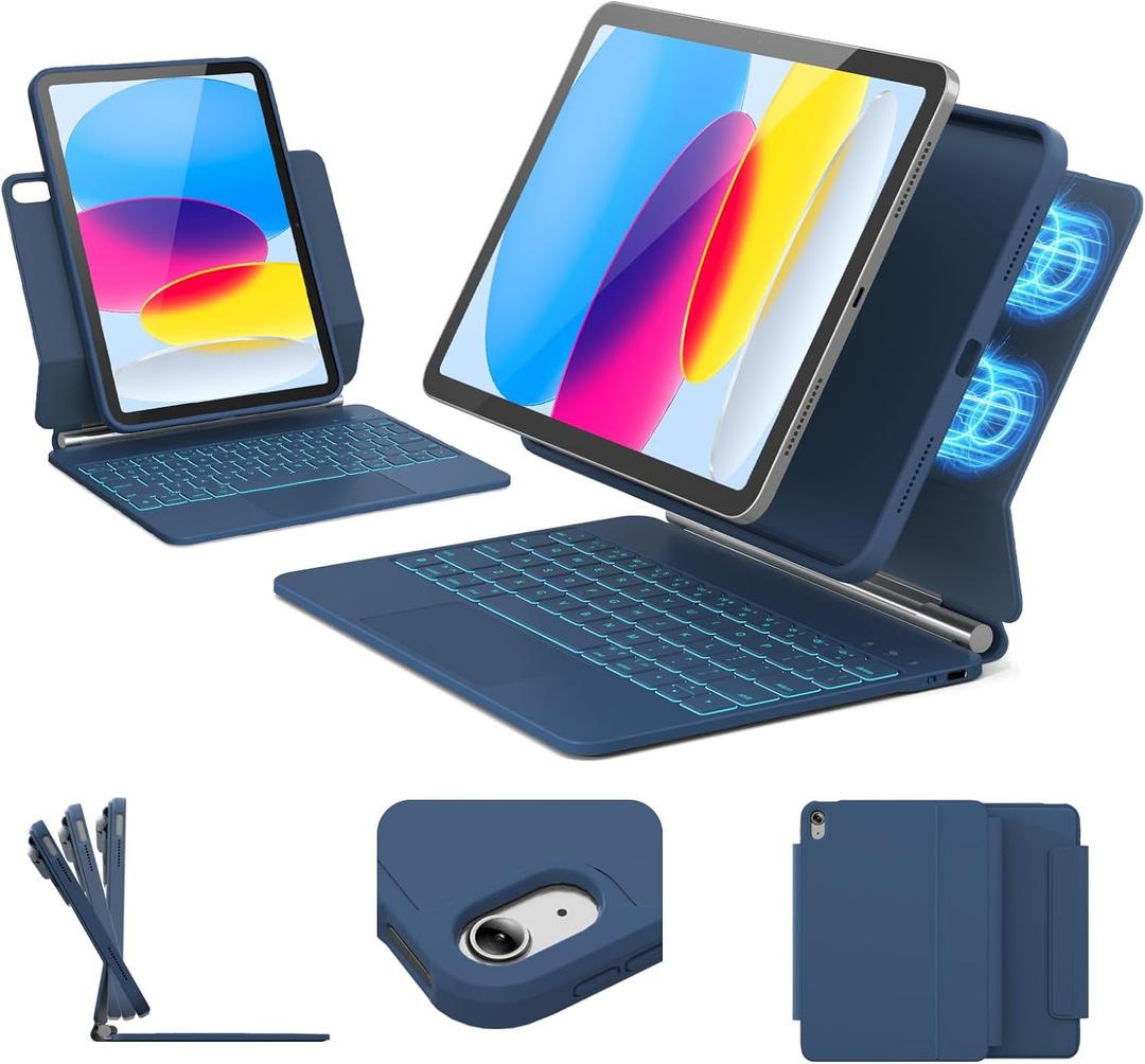 for iPad 11th (A16, 2025)/10th Generation Case with Keyboard, Portrait/Landscape, 11-Color Backlit & Multi-Touch Trackpad, Detachable Case & Stain-Resistant Leather, Pencil Buckle, Blue