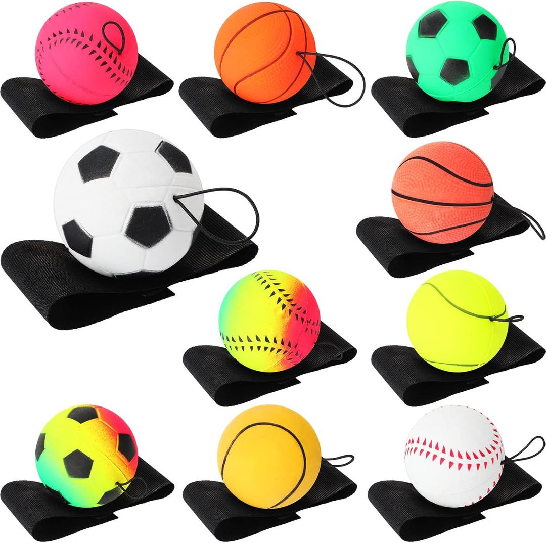 12 pcs Wrist Return Ball Wrist Band Ball on a String 2.48 Inch Rubber Rebound Sport Bouncy Basketball Baseball Soccer Wristband Toy for Exercise and Children or Adult Exercise for Fun