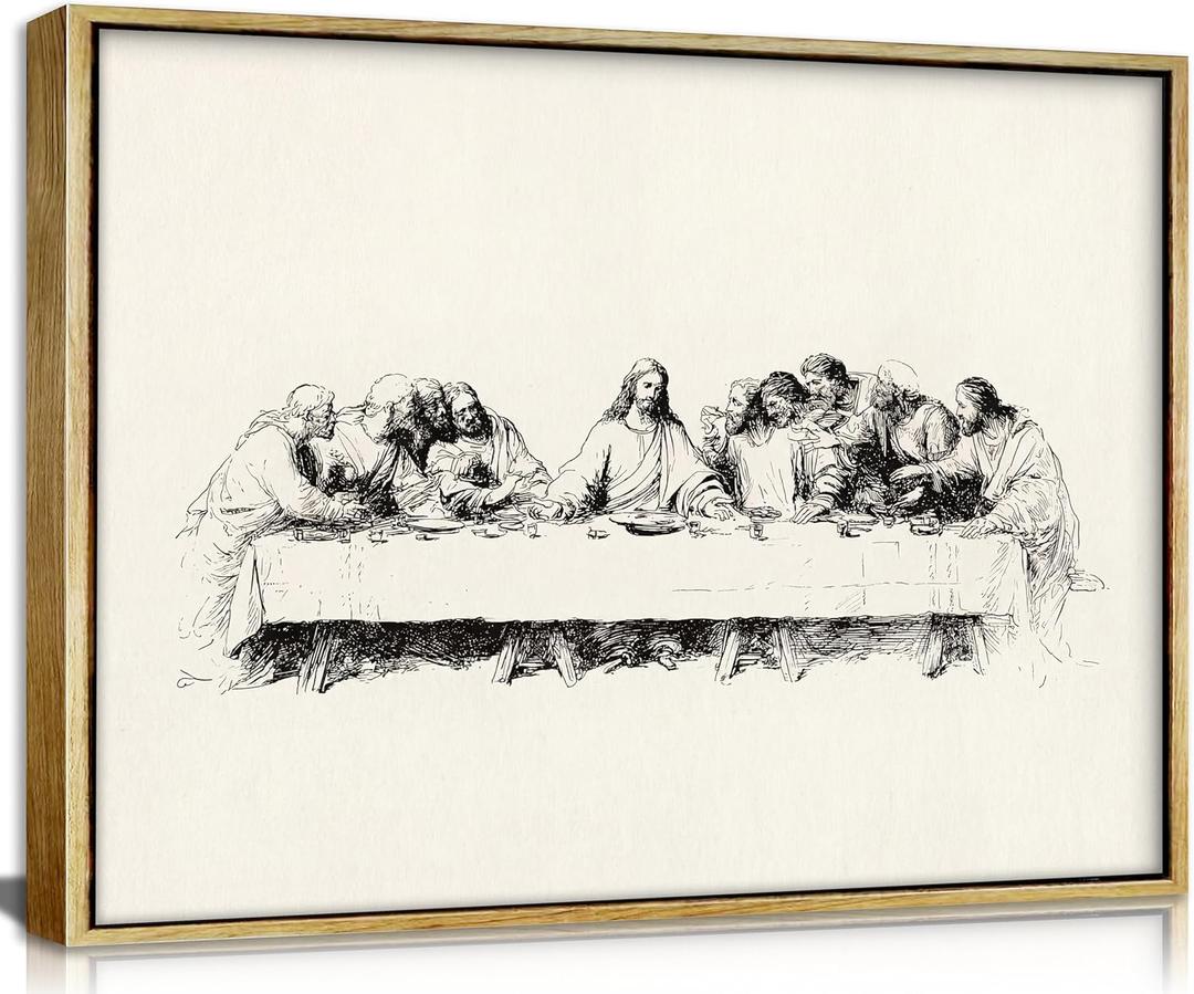 Framed The Last Supper Sketch Wall Art, Christian Religious Canvas Print Poster, Minimalist Bible Wall Decor for Living Room Bedroom, Framed Canvas Painting for Home Decoration