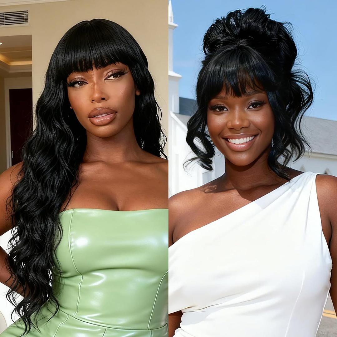 Body Wave Wig with Bangs Throw ON GO Black Bang Wig Fiber Pre Plucked Natural Look Realistic Hairline Ready to Wear Friendly for Beginners 26 Inch
