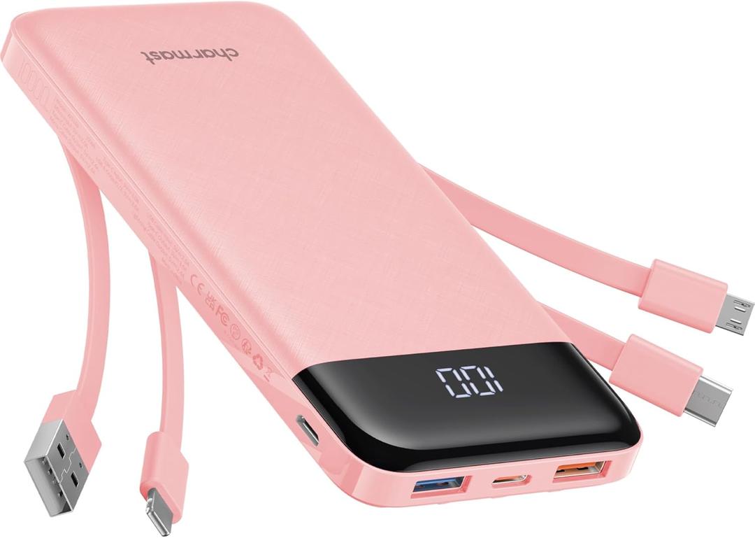 Portable Charger with Built in Cables, Portable Charger with Cords Wires Slim 10000mAh Travel Battery Pack 6 Outputs 3 Inputs 3A Fast Charging Power Bank for Samsung Google Pixel LG Moto iPhone iPad (DustyPink)