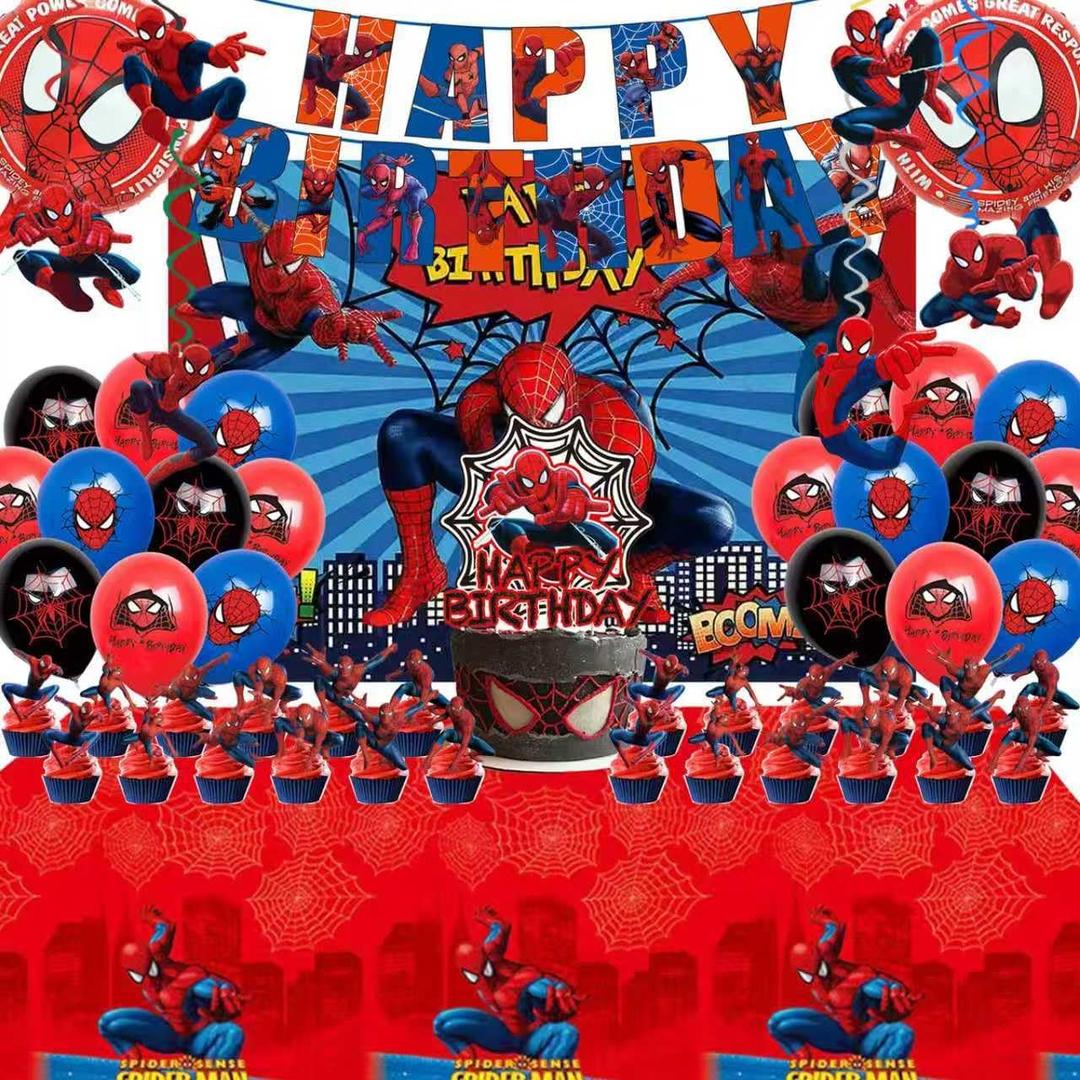 10PCS spidey birthday party supplies, backdrop, "Happy Birthday" banner,tablecloth, large aluminum balloon, small aluminum balloons, latex balloons, cake topper,cupcake toppers, hanging swirls
