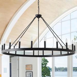 53 Inch Black Extra Large Wagon Wheel Chandelier, 20-Lights Farmhouse Industrial Round High Ceiling Pendant Light Adjustable Chain for Outdoor Porch,Foyer,Dining Room, Living Room 53 Inch Black Extra Large Wagon Wheel Chandelier, 20-Lights Farmhouse Industrial Round High Ceiling Pendant Light Adjustable Chain for Outdoor Porch,Foyer,Dining Room, Living Room