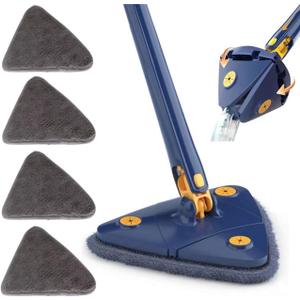 360 Degree Rotatable Adjustable Cleaning Mop,52.1'' Telescopic Triangular Mop with Automatic Water Squeezing Function for Floor Window Ceiling,with 4 Replacement Microfiber Pads (Blue)