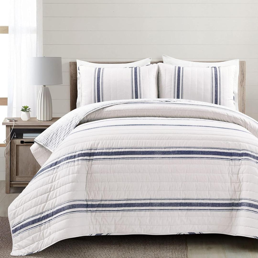 Lush Decor Farmhouse Stripe Reversible Cotton Quilt Queen Size 3 Piece Set Full/Queen Navy - Farmhouse Bedding Set Queen Quilt - Striped Bedding