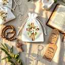 10 Sets Cross Keychain Party Favors, White Lily Burlap Drawstring Bags and Thank You Kraft Tags, Crucifix Key Ring for Communion, Wedding, and Religious Event Souvenirs