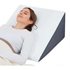 Bed Wedge Pillow for Sleeping, 12" 24" 24" Triangle Cooling Memory Foam Top, Elevated Support Wedge Pillow - Removable Washable Cover (Gray White)