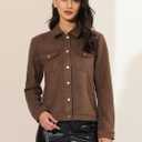Allegra K Women's Faux Suede Turn-Down Collar Shacket Flap Pockets Snap Button Western Jacket, Large