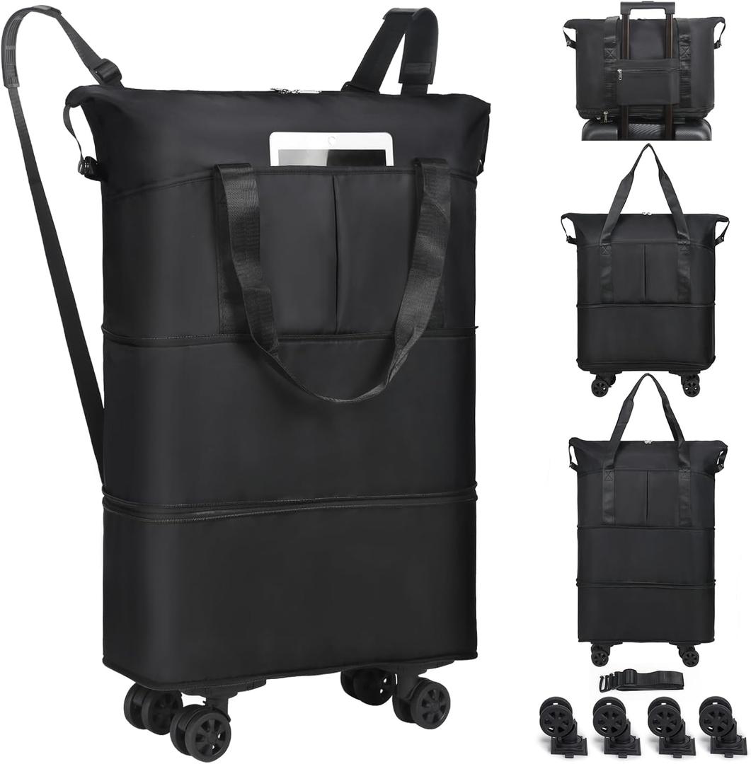 VOOWO Duffel Bag with Wheels - Rolling Foldable Expandable Duffle Bag with Wheels for Travel, Rolling Luggage Bag Carry On Travel Bag with Wheels, Large Wheeled Overnight Weekender Bag (Black)