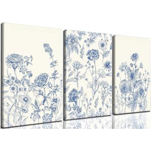 Blue Botanical Canvas Wall Art, 3 Piece Gallery Wrapped Set, 16x24 Inch