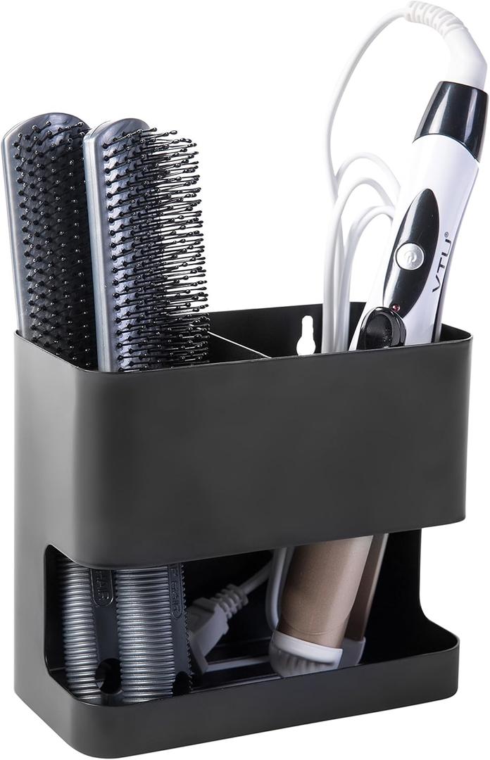 MyGift Hair Tools Organizer with 2 Slots, Black Metal Curling Iron Holder, Wall Mounted Salon Hair Accessories Organizer, Blow Dryer, Straightener and Hair Brush Holder, Hot Tools Organizer