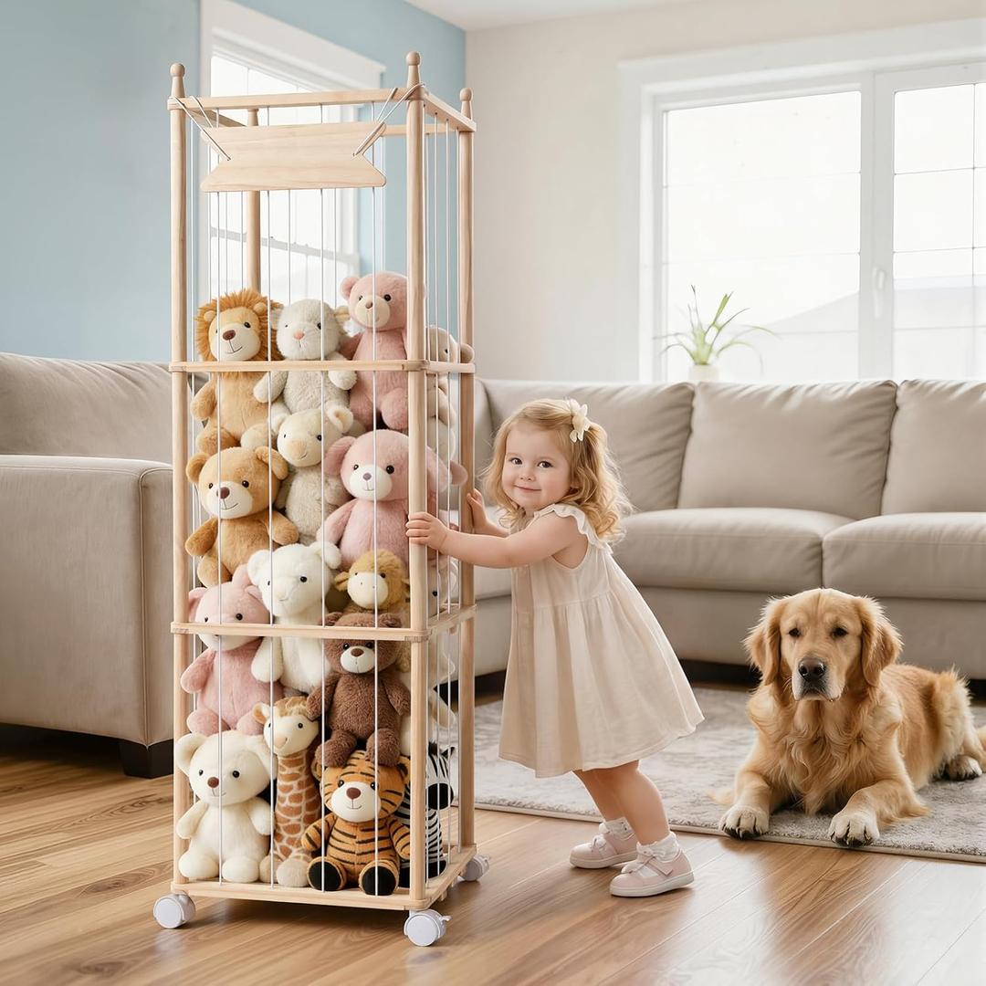 Ostutry Stuffed Animal Storage with Wheels - Wood Stuffed Animals Organizer Holder Zoo Large Capacity Plush Toy Cage with Elastic Band for Playroom, Bedroom, Nursery