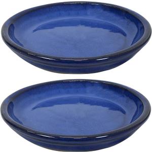 Sunnydaze 7-Inch Ceramic Plant Saucers - Plant Drip Trays for Outdoor Planter Flower Pot Drainage - Set of 2 - Imperial Blue