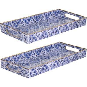 MAONAME Blue Vanity Tray Set of 2, Plastic Decorative Trays with Handles, Small Moroccan Bathroom Trays for Toilet Tank, Dresser Counter, 13.8" X 6" X 1.57"