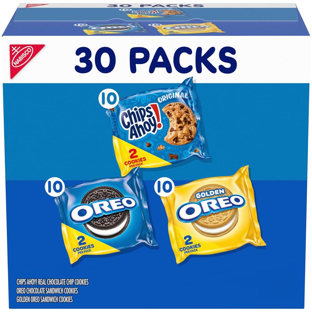 Nabisco Sweet Treats Cookie Variety Pack OREO, OREO Golden & CHIPS AHOY!, Christmas Cookies Stocking Stuffers, 30 Snack Packs (2 Cookies Per Pack)