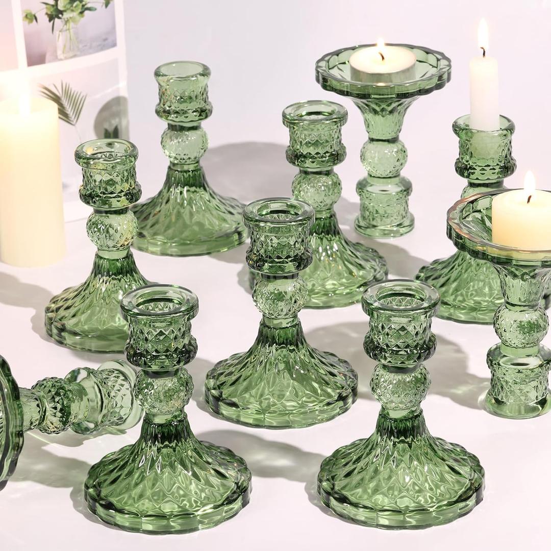 Glass Candle Holder Set of 12, Green Taper Candle Holders Bulk, Vintage Candlestick Holders, Candle Stick Holder for Table Centerpieces, Wedding, Festival & Home Decor