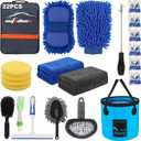 AUTODECO 17 Pcs Car Wash Cleaning Tools Kit Car Detailing Set with Blue Canvas Bag Collapsible Bucket Wash Mitt Sponge Towels Tire Brush Window Scraper Duster Complete Interior Car Care Kit (Blue)