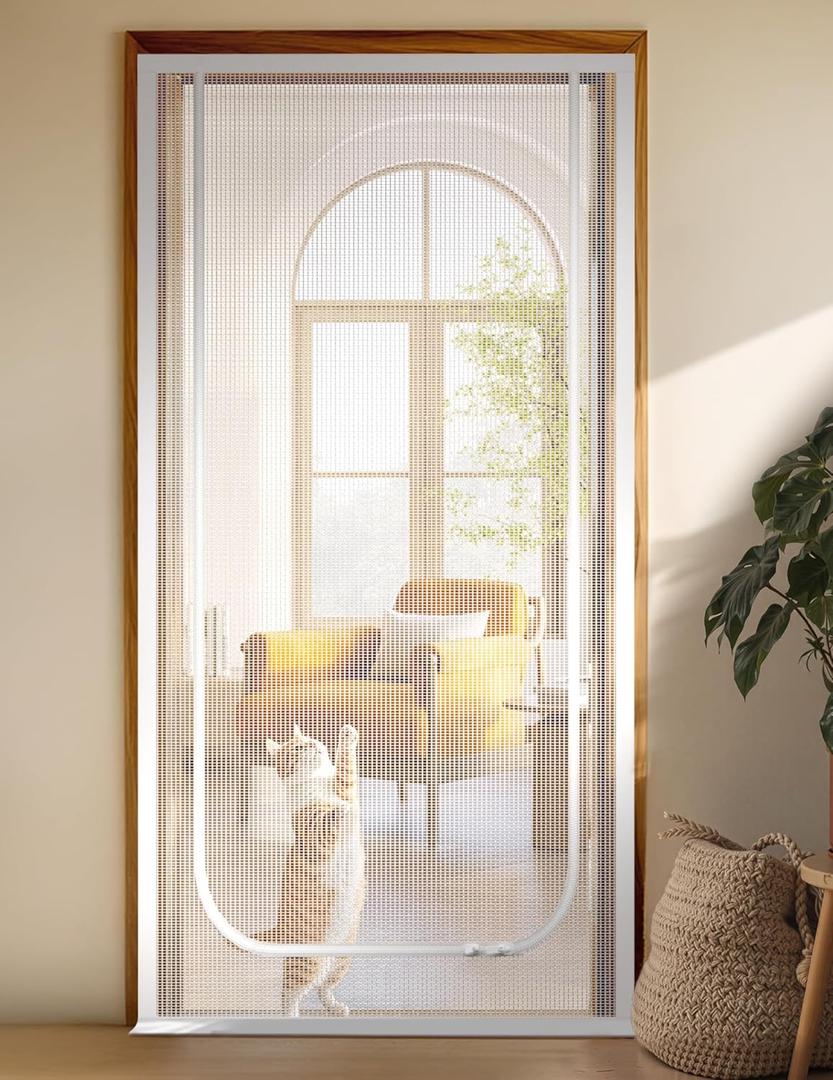 BFNN Cat Screen Door, Extra Tall Cat-Proof Mesh Gate, Fit Door Size 30'' x 80'', Anti Scratch Mesh with Zipper Closure, for Living Room, Kitchen, Bedroom (White, U-Shaped)