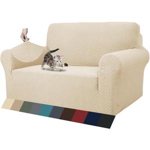 ZNSAYOTX 1 Piece Jacquard Couch Covers for 2 Cushion Couch High Stretch Loveseat Slipcover for Pets Dogs Anti Slip Love Seat Sofa Slipcover Furniture Protector (Loveseat, Light Beige)