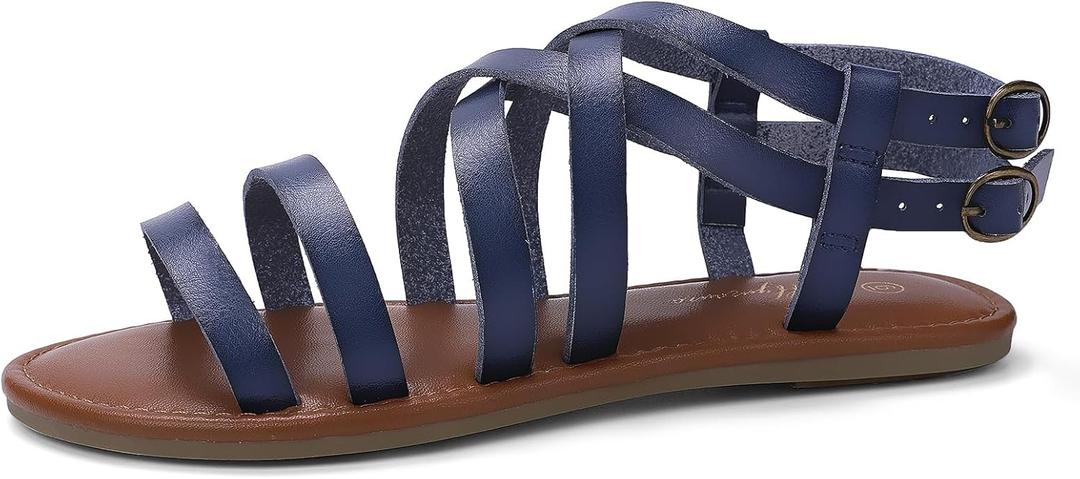 Luffymomo Women's Flat Sandals Open Toe Casual Strappy Sandals Comfortable Ankle Strap Gladiator Slides (6, Navy)