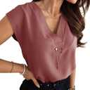 Lynwitkui Women's V Neck Chiffon Blouses Cap Sleeve Shirts Casual Loose Work Office Solid Tops