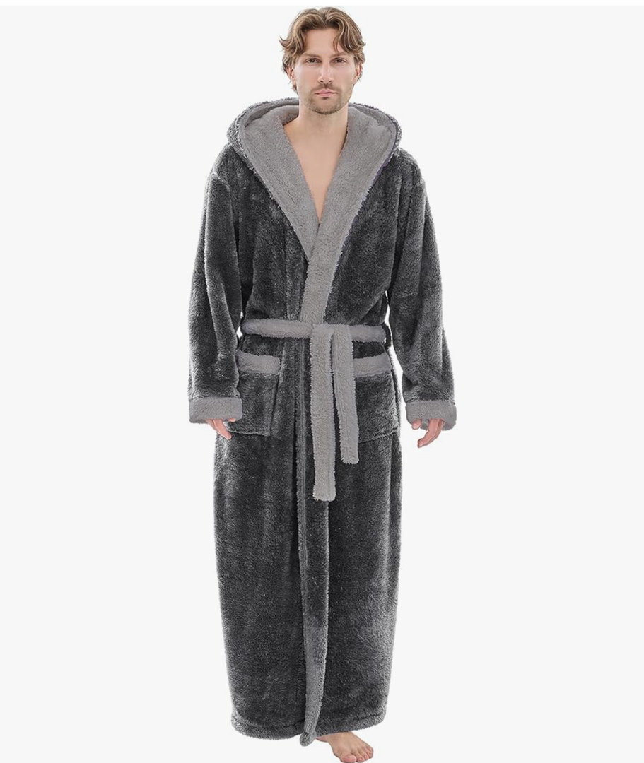 Mens Plush Robes Full Length, Big and Tall Fleece Hooded Bathrobe Warm Fluffy Cozy Winter Housecoat Floor Length. M
