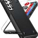 LeYi for Samsung-Galaxy-S21 FE Case: with Galss Screen Protector, Heavy Duty Dual Layer Shockproof Protective Rugged Hard PC Textured Back & Soft Bumper Cell Cover for Galaxy S 21 FE, Black