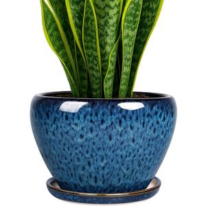 Deep Dream 8 Inch Plant Pots - Ceramic Pots for Plants with Drainage Hole and Saucer, Large Planter Pot for Indoor Plants Outdoor Decor, Blue