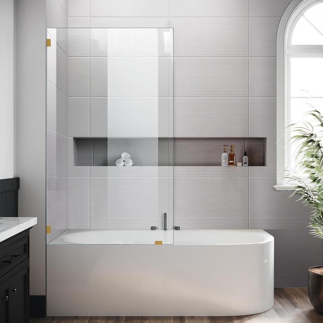 Bathtub Shower Glass Door 34 * 58 Inch, Bathroom Frameless Fixed Shower Door with 3PCS Clamps, 1/4"(6MM) Thick Clear Tempered Glass Door, Brushed Gold