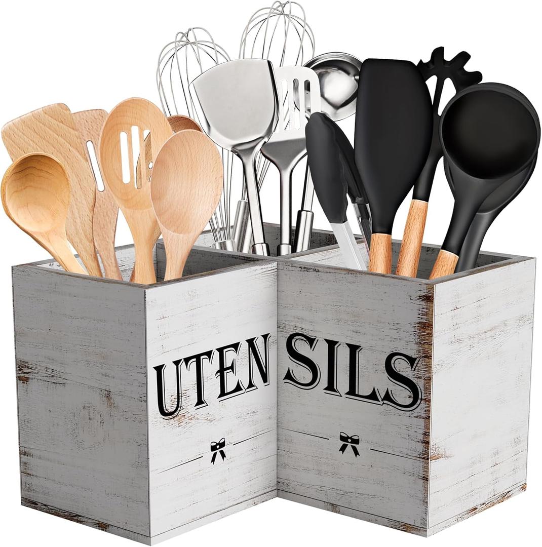 Suli Extra Large Kitchen Utensils Holder with 3 Compartments,Corner Shelf,Wooden Utensil Organizer for Kitchen Countertop, Farmhouse Decor, Rustic Cooking Utensil - White grain