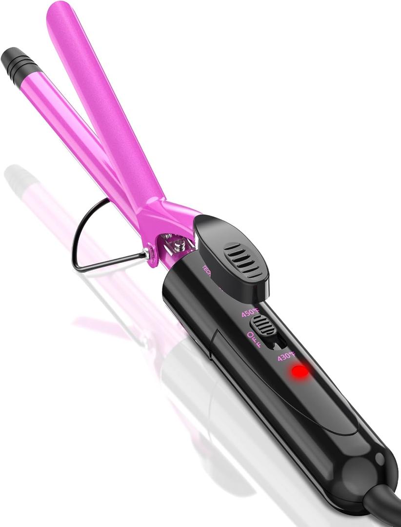 1/2 Inch Small Curling Iron for Short Hair, Dual Voltage Small Curling Wand with 2 Heat Settings 430F & 450F for Tight Curls, Pink