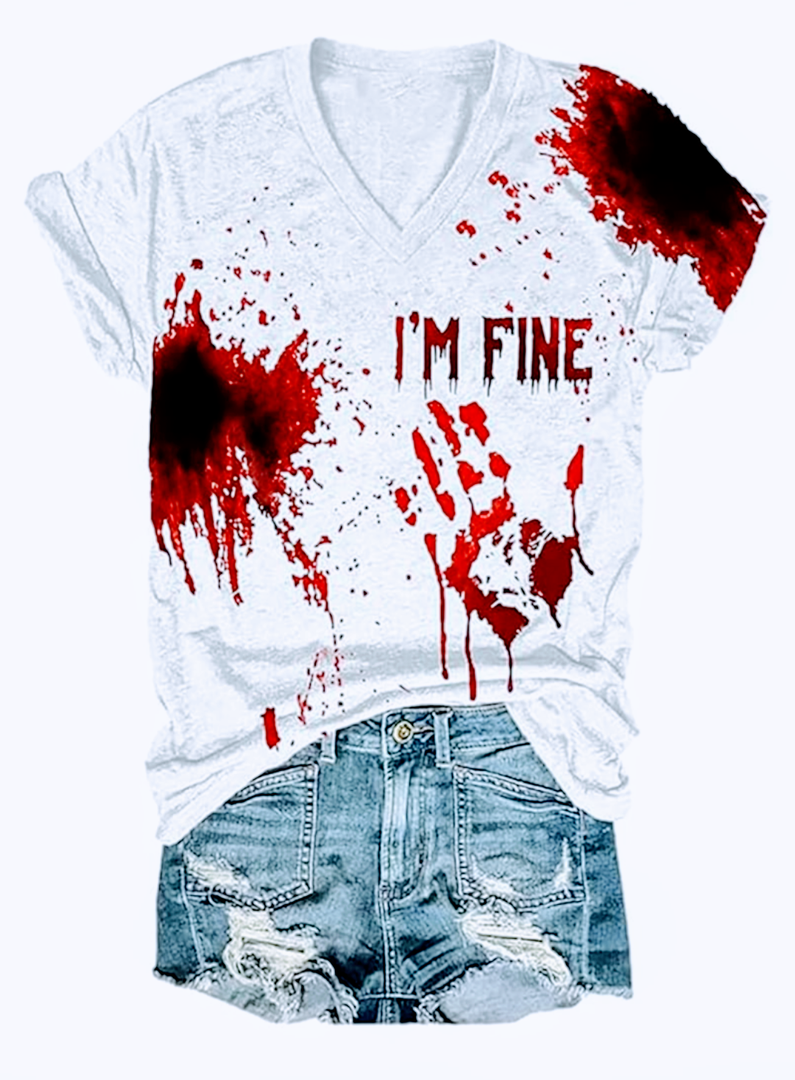 I'm Fine Blood Graphic T-Shirts Blood Stain Hand Shirt Sarcastic Humor Saying Shirts Halloween Horror Movie Tees XXL