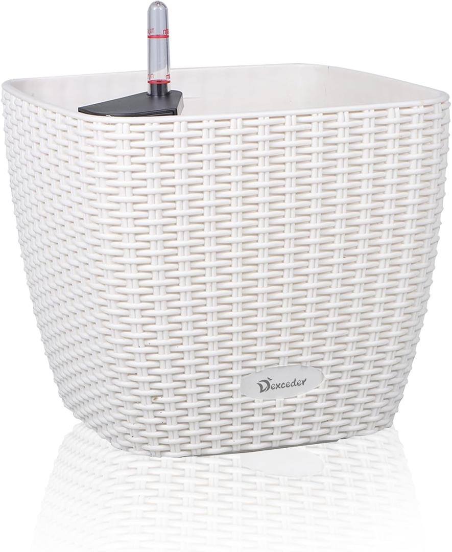 Dexceder 11x10 Self Watering Planter Indoor Outdoor, Inner Mat Design, Thickened Table Flower Plant Pot with Water Level Indicator (Ivory White Rattan)