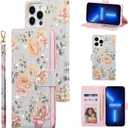 UEEBAI Wallet Case for iPhone 16 Pro Max, PU Leather Phone Cover Kickstand RFID Blocking Flip Case Card Slots Wrist Strap Relief Engraved Pattern Magnetic Closure Flower Folio Wallet, Purple Rose