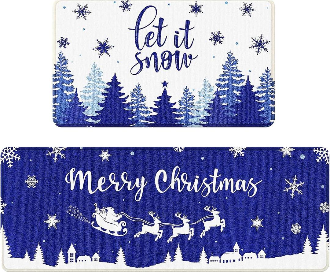 Merry Christmas Kitchen Mats, Blue Christmas Kitchen Rugs Set of 2-Blue Snowflakes Let It Snow Winter Kitchen Decor-Xmas Decorations for Floor, Bathroom, Living Room,Doorway 17x28 and 17x47 Inch