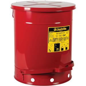 Justrite 14 Gallon Galvanized Steel Oily Waste Can, 20" x 16" Metal Oil Rag Safety Can with Foot Operated Self-Closing Lid for Oil Rag Disposal, Made in The USA, Red, 09500