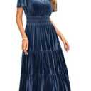 R.Vivimos Women's Fall Winter Vintage Velvet Dress Short Sleeve V Neck Elastic Waist Tiered Ruffle A-Line Flowy Maxi Dress , XL