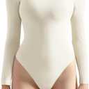 SUUKSESS Women Double Line Scoop Neck Thong Bodysuit Round Neck Long Sleeve Tops (Medium, White)