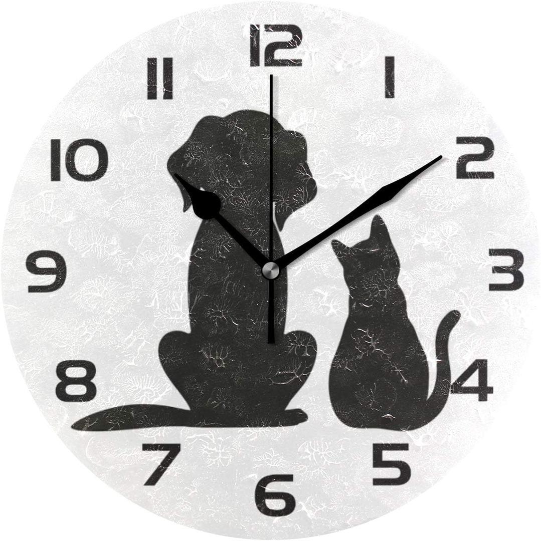 Qilmy Dog and Cat Wall Clock Silent Non Ticking Oil Painting Round Clock for Living Room Bedroom Bathroom Home Decor