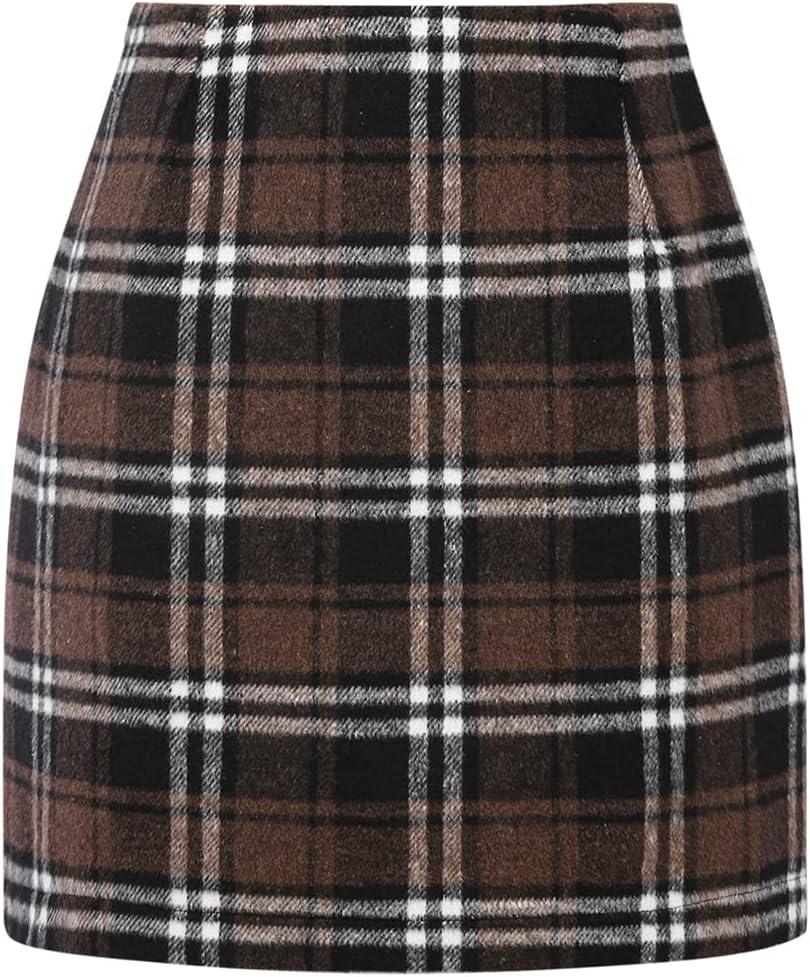 IDEALSANXUN Womens High Waist Plaid Skirt Bodycon Pencil Wool Mini Skirts (Medium, Coffee)
