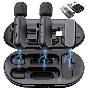 2 Pack Professional Wireless Lavalier Microphone for iPhone iPad Android with Charging Case Noise Reduction Plug-Play Clip on Lapel Mic for Video Recording Vlogging, YouTube, Interview, Live Streaming (Black)