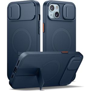 SURITCH for iPhone 14 Plus/15 Plus Case with Magnetic Camera Slide Cover and Adjustable Kickstand, Compatible with MagSafe, Shockproof Bumper Case Slim Protective Cover 6.7 Inch, Blue