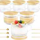 14oz Vintage Coffee Mugs Glass of 6 Hobnail Overnight Oats Glass Mug with Handle Bamboo Lids Spoon for Iced Coffee Latte Yogurt(Hobnail*6 with Seal Ring Lid)