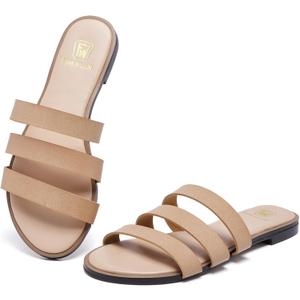 Women's Flat Sandals Dressy Open Toe Round Toe Slide Sandals Comfortable Casual Beach Slip on Slippers for Summer, Apricot, Size 6