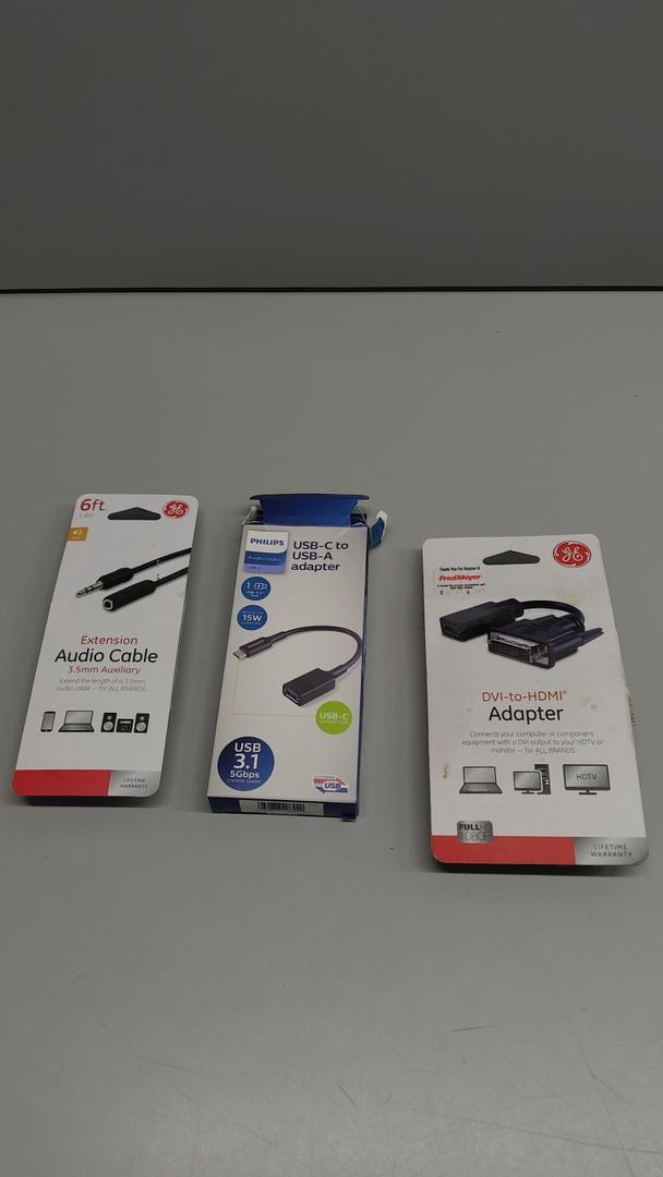 Set of 3, GE Audio Cable, Phillips USB Adapter, GE Adapter
