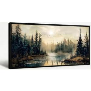 Large Framed Forest River Landscape Canvas Wall Art, Watercolor Forest Lake Painting Picture Wall Decor, Nature Landscape Poster Print Artwork for Living Room Bedroom Home Decoration 20x40in