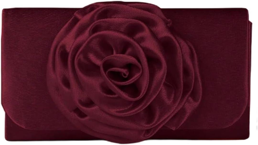MakeMeChic Women's Satin Evening Bag 3D Flower Flap Wedding Clutch Bag Vintage Handbags (Burgundy)